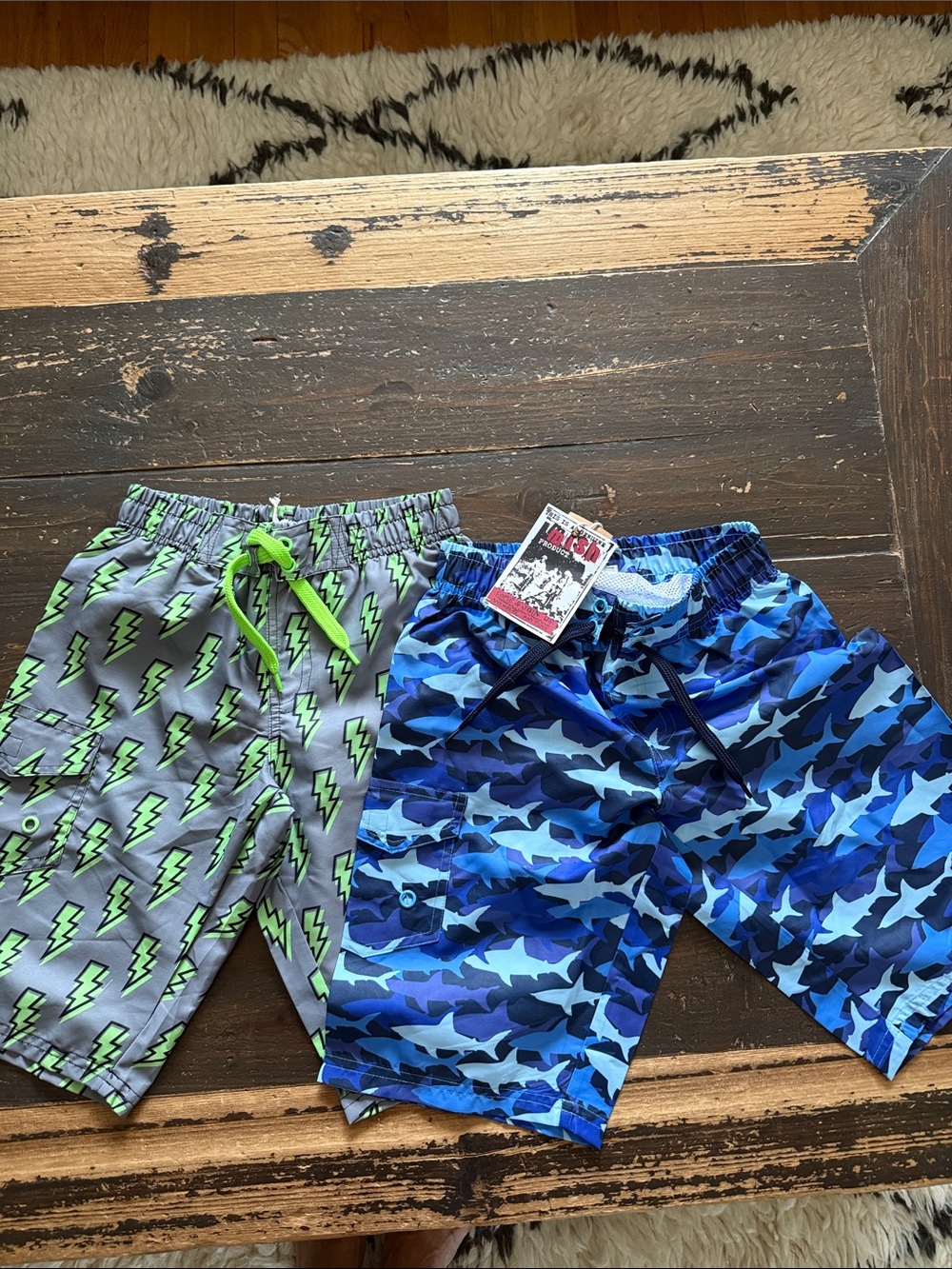 Boys' Lightning & Shark Swim Trunks - Gray/Neon Green & Blue Camo size 7